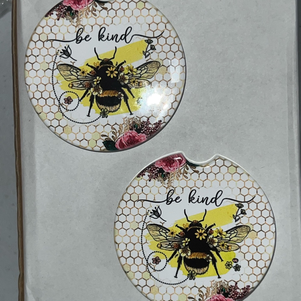 Set of 2 ceramic car coasters be kind